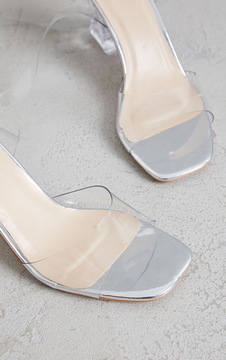 Silver block heel clear ankle strap sandals