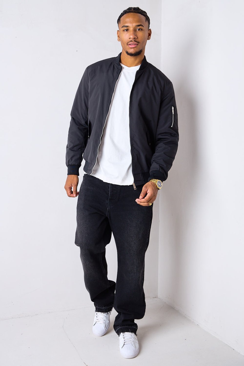Black short transitional bomber jacket