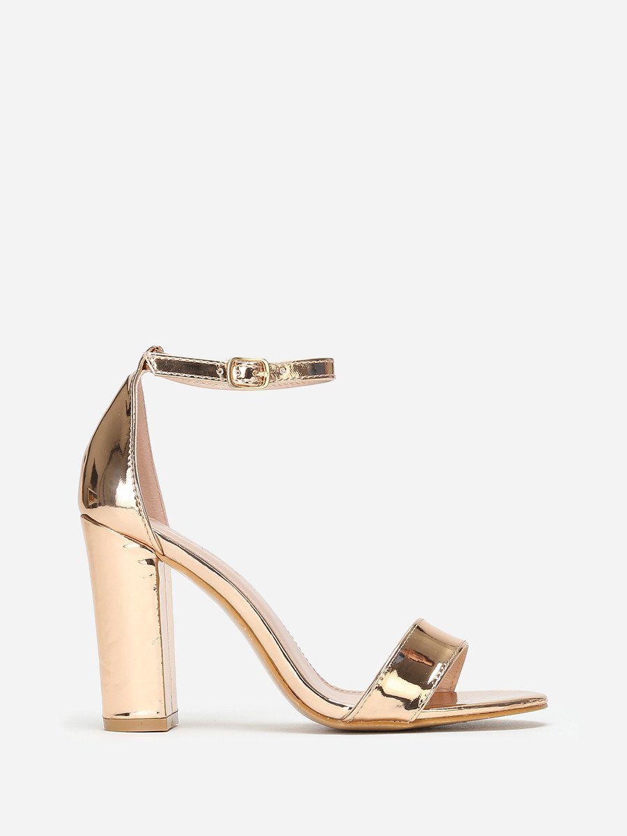 Rose gold patent block heel sandals