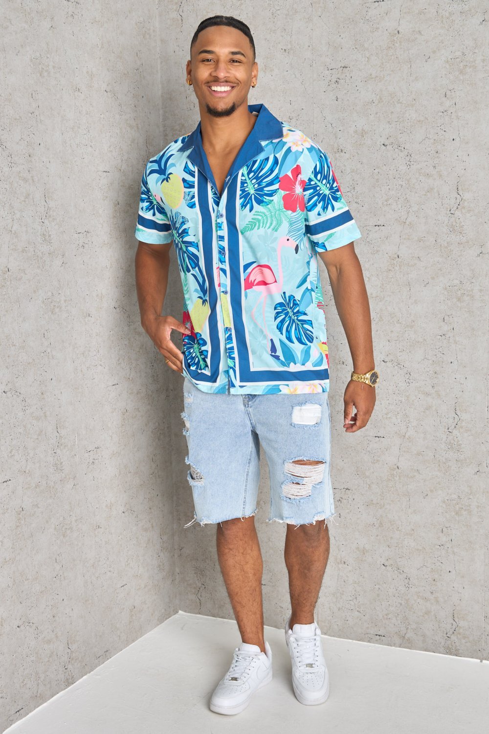 Blue flamingo and floral print shirt