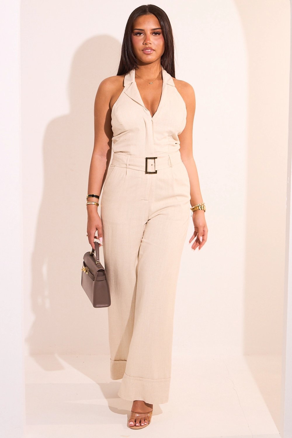 Beige backless linen jumpsuit