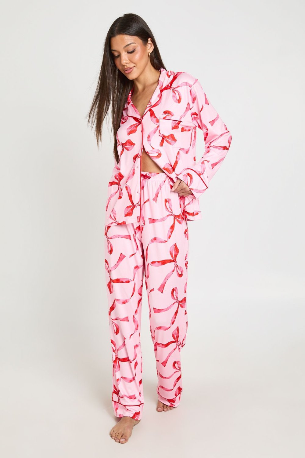 Pink bow print shirt and trouser pyjama set
