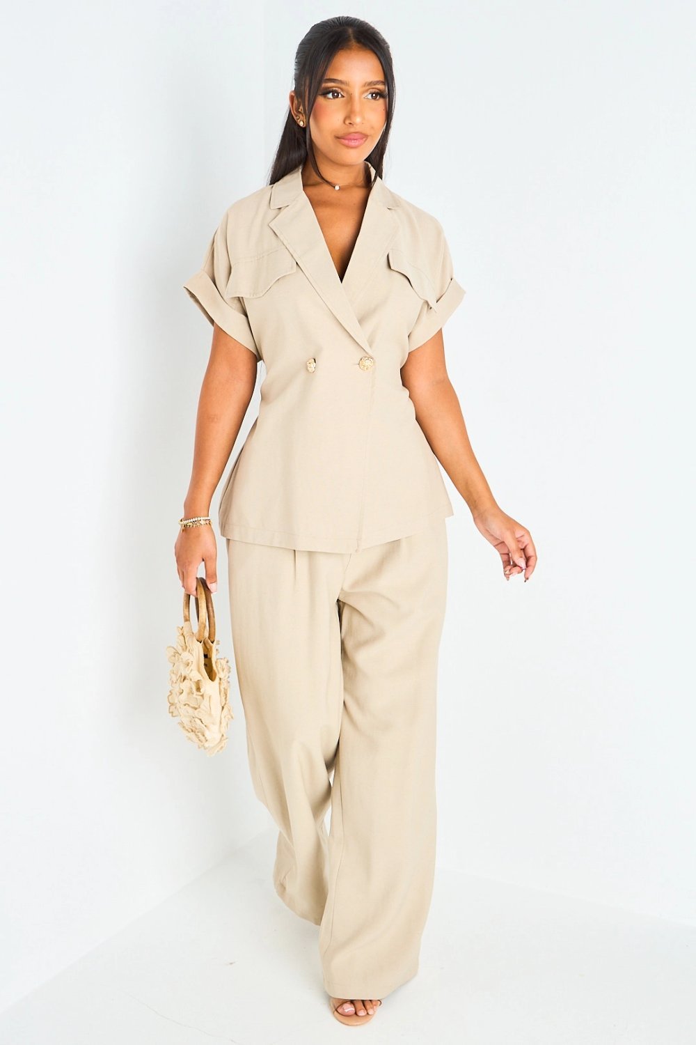Ensemble chemise b ceinture w pantalon droit taupe