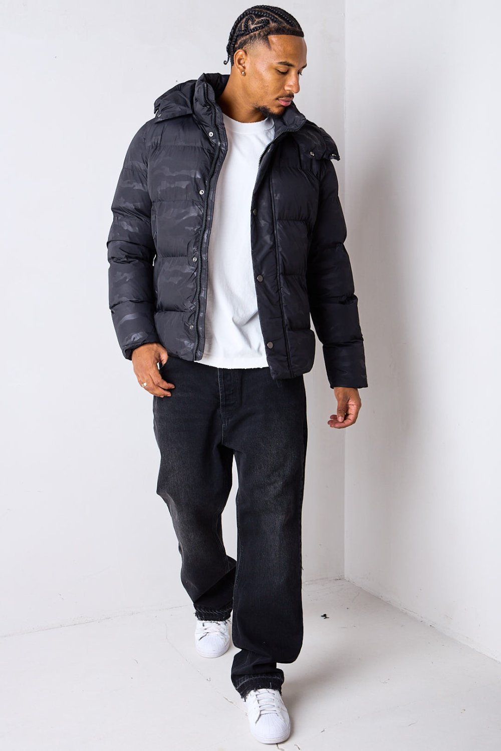 Black short quilted puffer with detachable hood