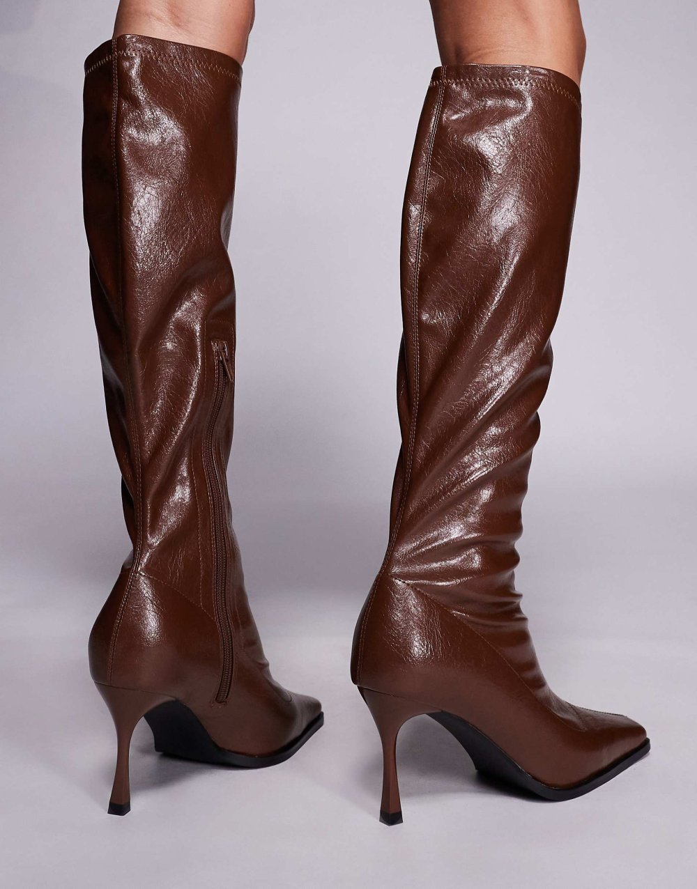Knee high patent square toe boots in brown