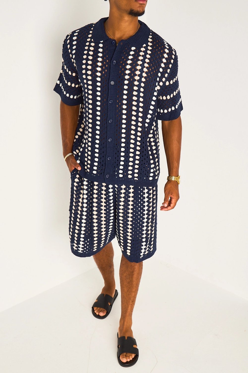 Navy striped crochet shirt and shorts set