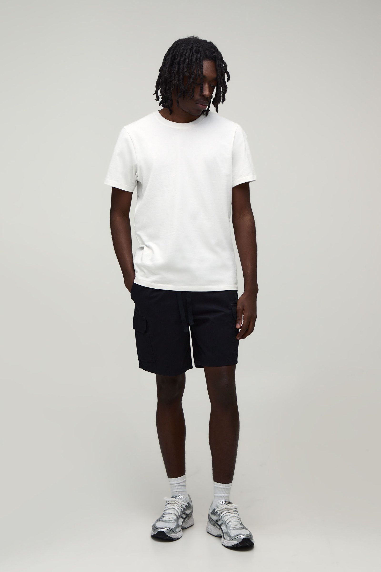 Short Cargo Essentiel En Twill Mi-long À Taille Élastiquée Coupe Slim