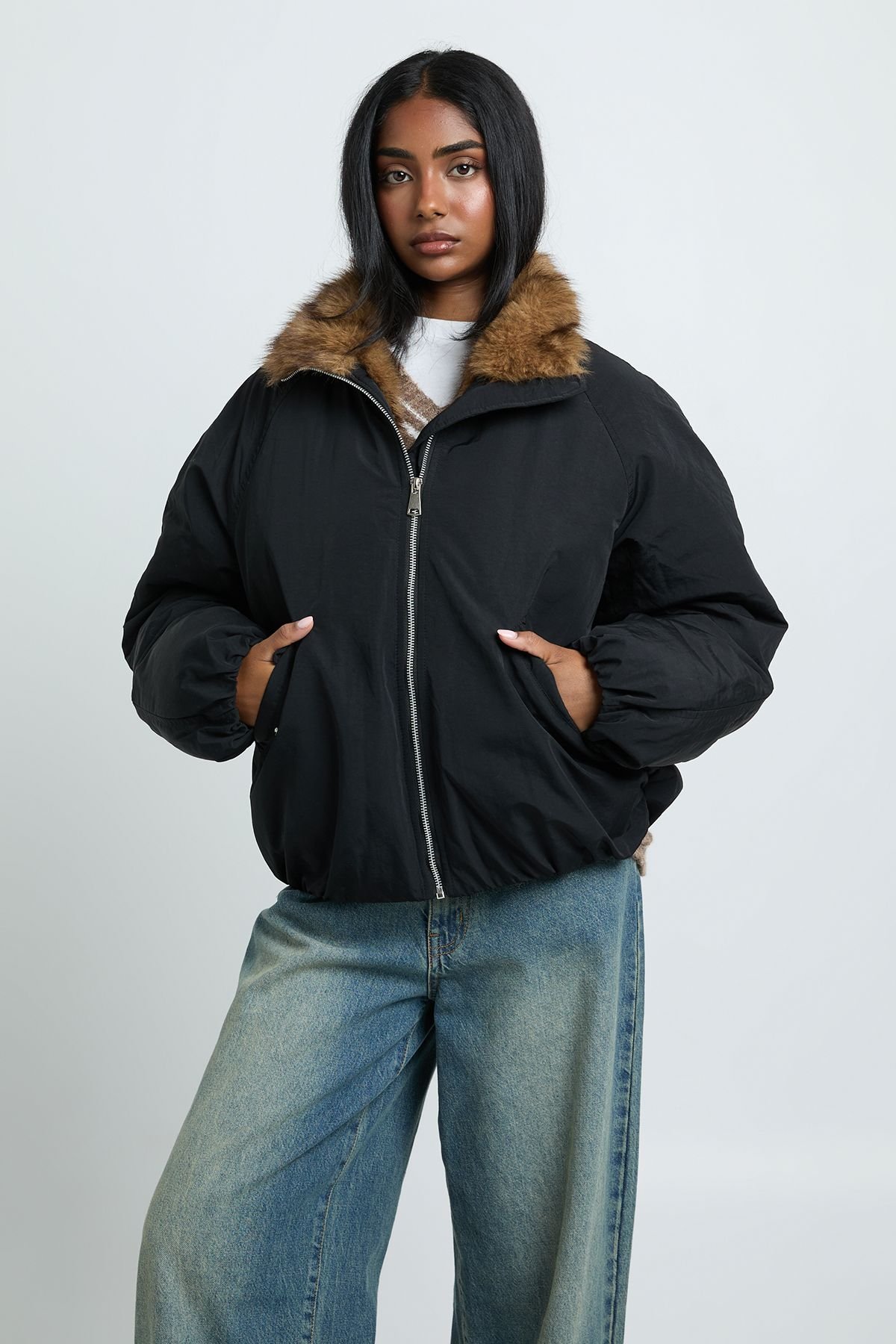 Faux shearling lined bomber jacket