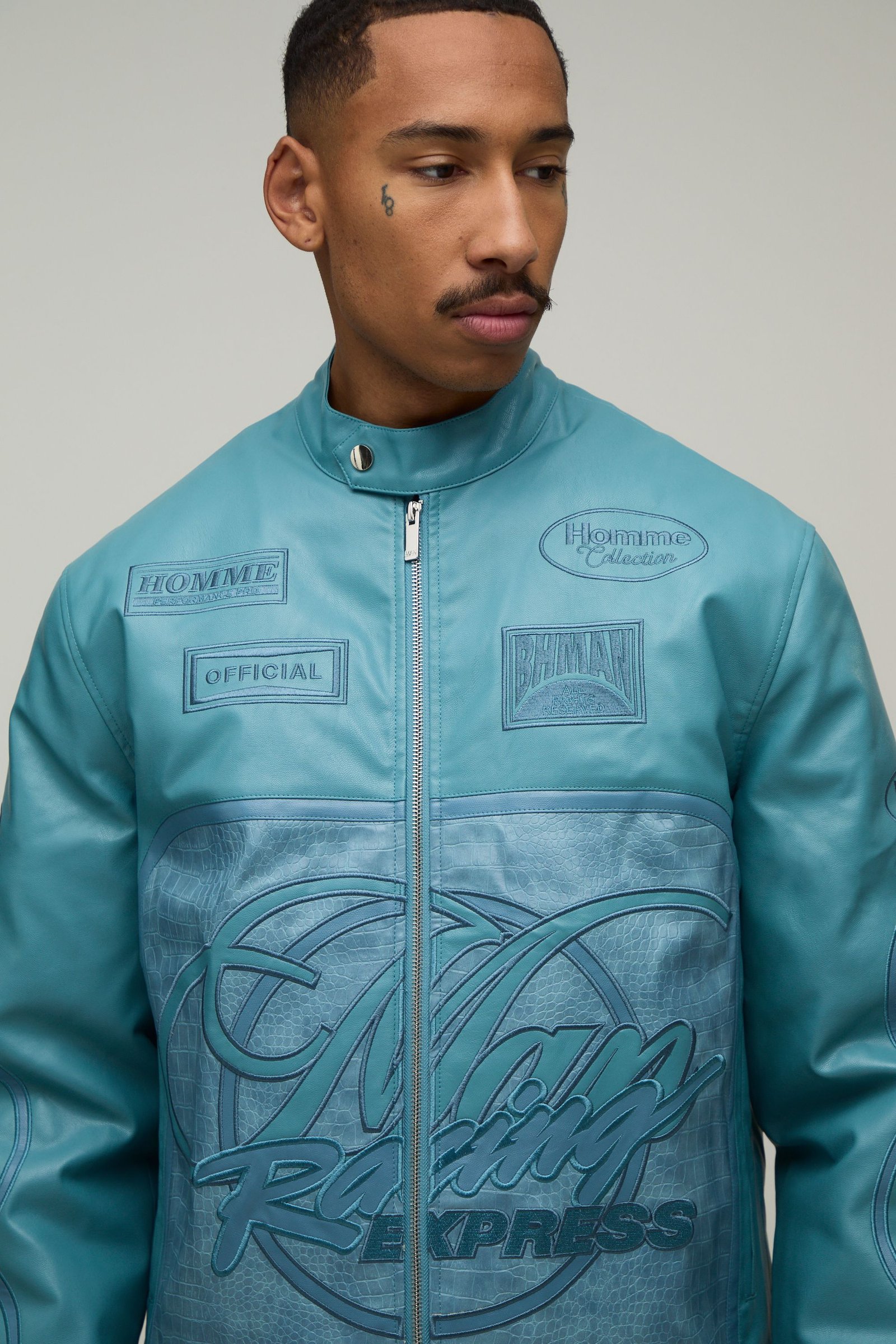 Veste motard racing similicuir - Bleu canard