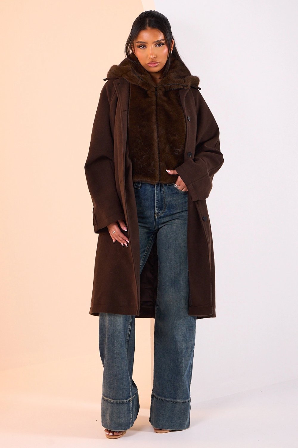 Brown long coat with fluffy hood