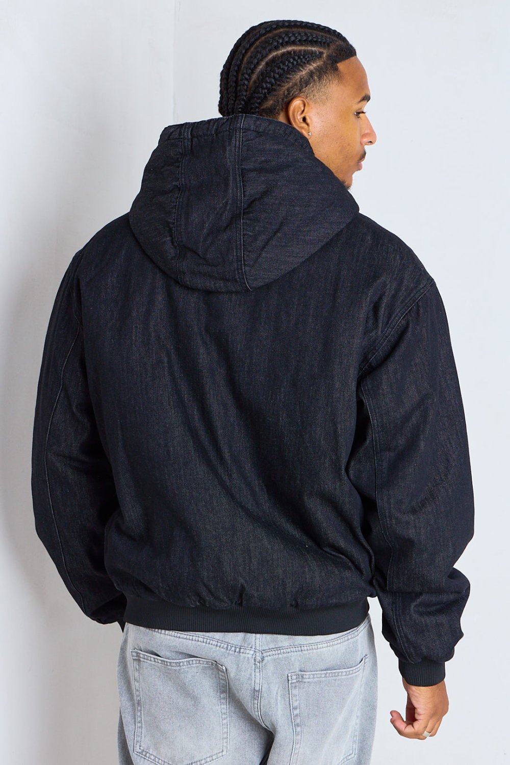 Black hooded padded-lined denim jacket