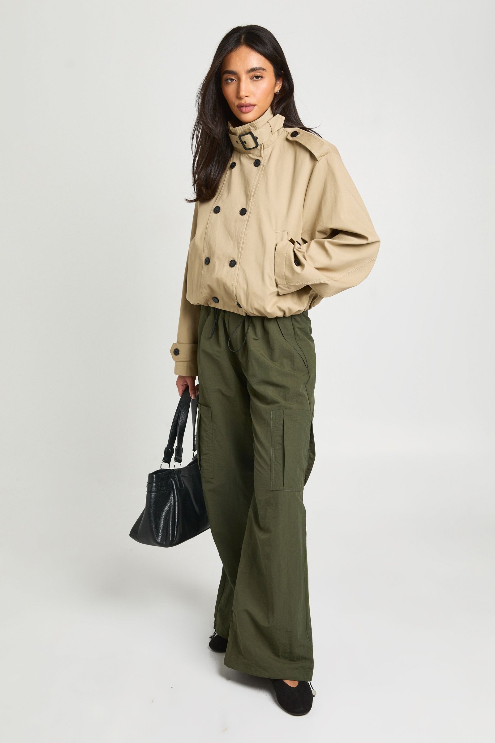 Cropped double-breasted high neck trench