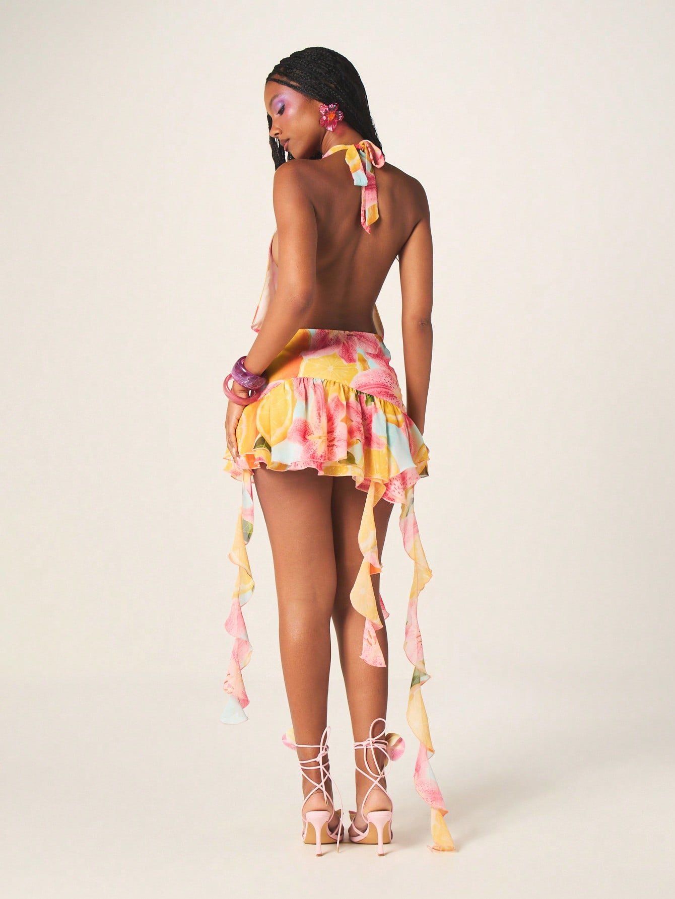 Robe Mini Fleurie Dos Nu À Ourlet Volanté
