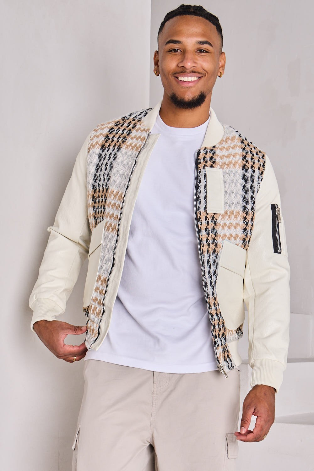 Beige woven-pattern jacket with faux leather
