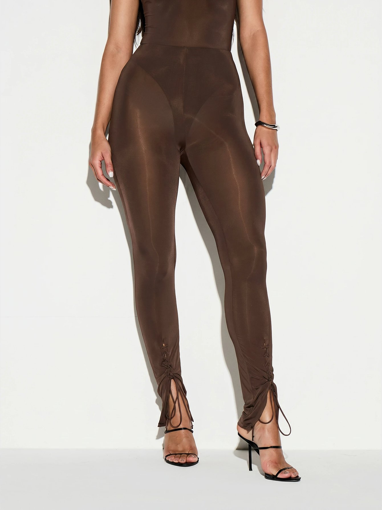 Sheer High Waisted Leggings With Lace-Up Detail And Split Tie Hem