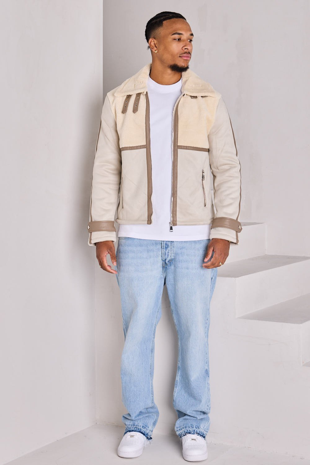 White suede-look aviator jacket with shearling