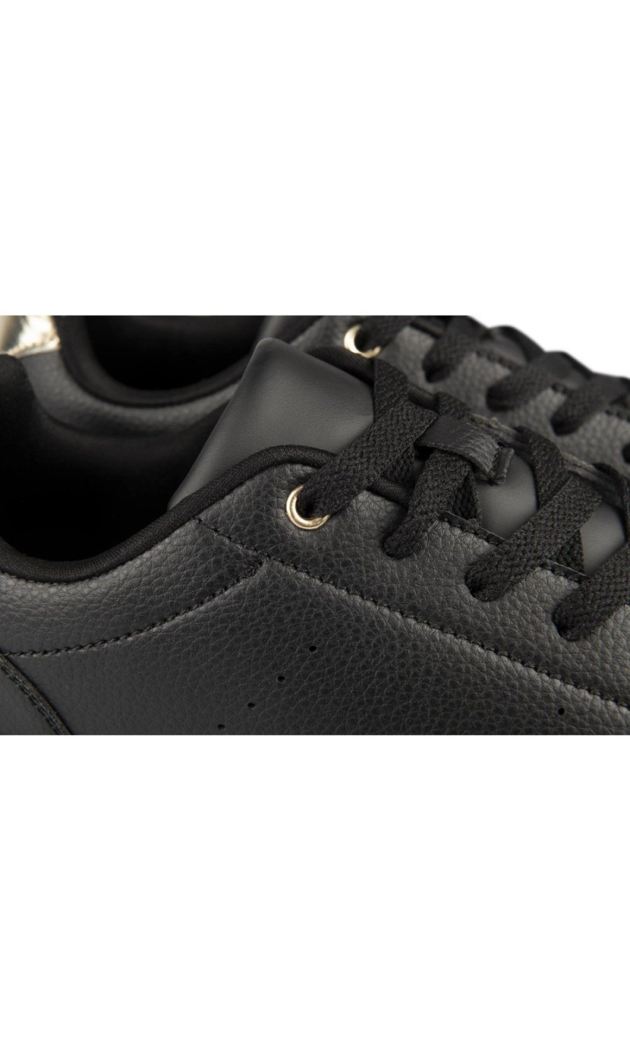 Black perforated sneakers, gold heel tab