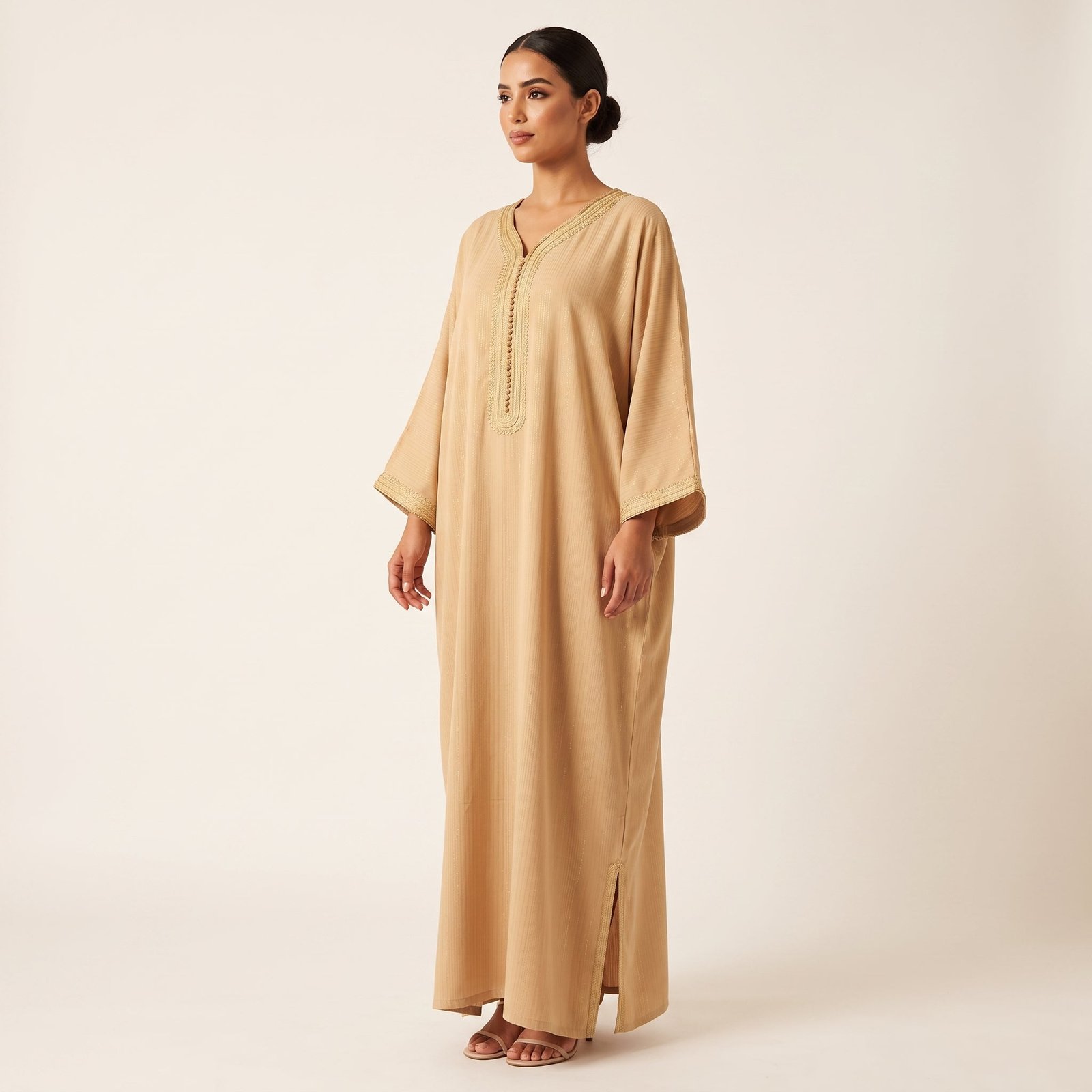 Beige caftan with gold thread stripes