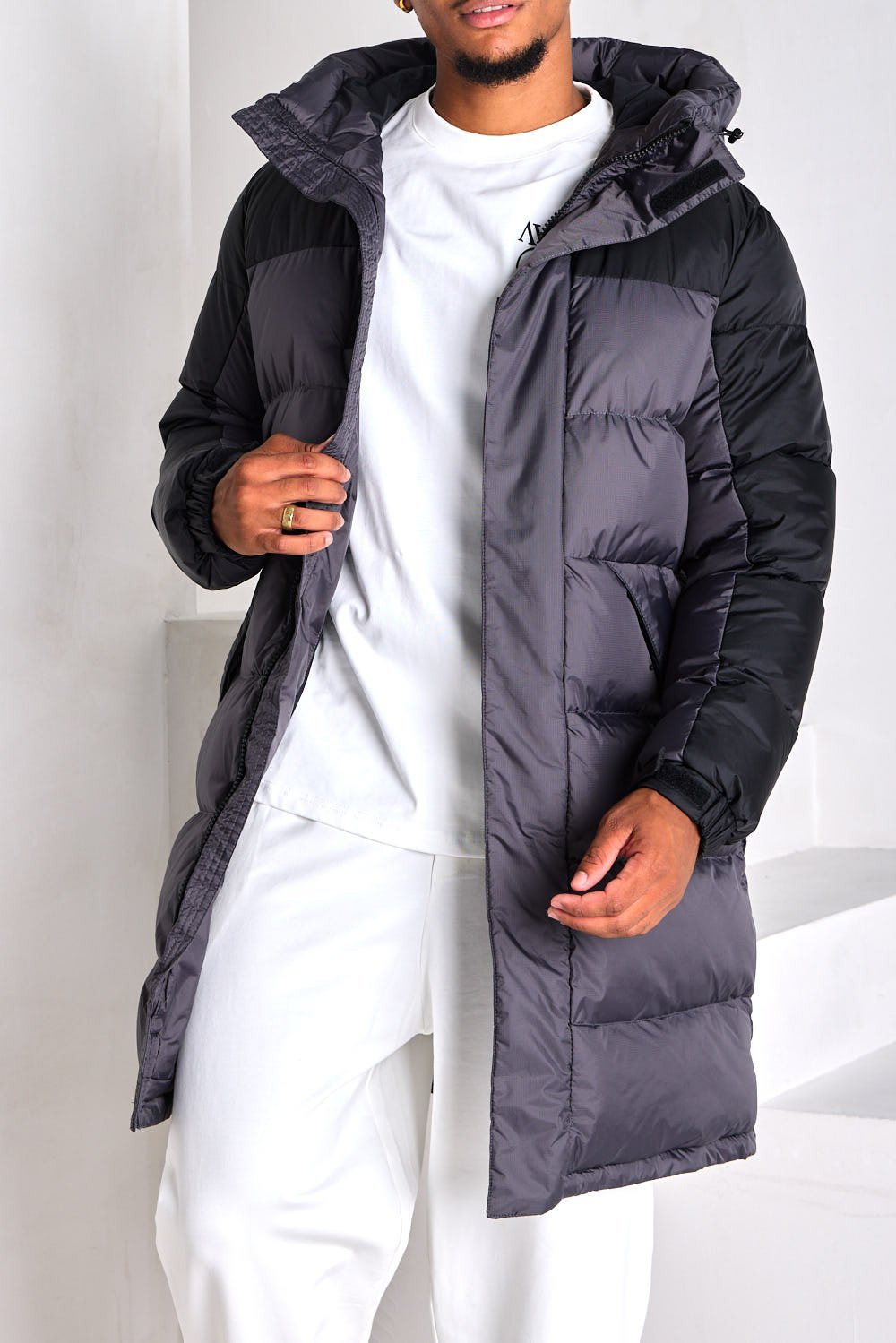 Black long waterproof hooded puffer jacket