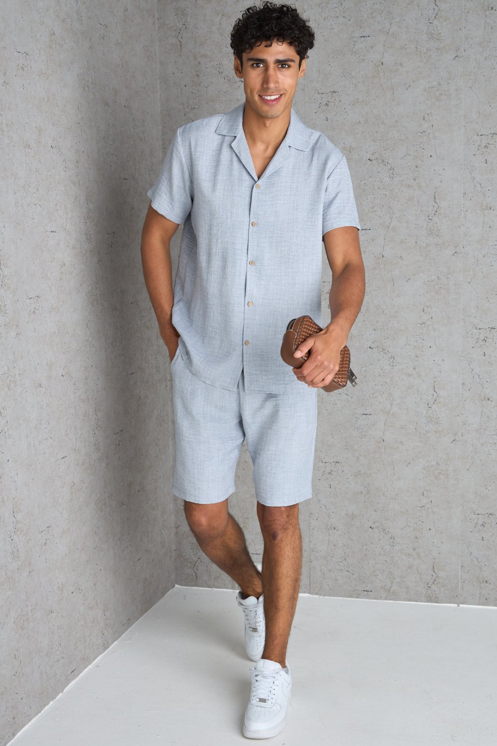 Grey textured shirt and shorts set