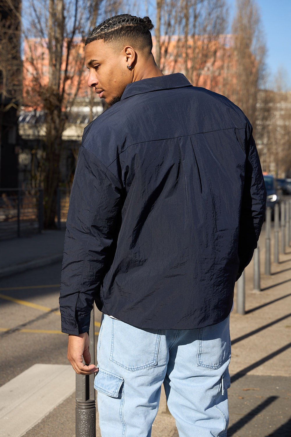 Navy lightweight zip-up shirt with pockets