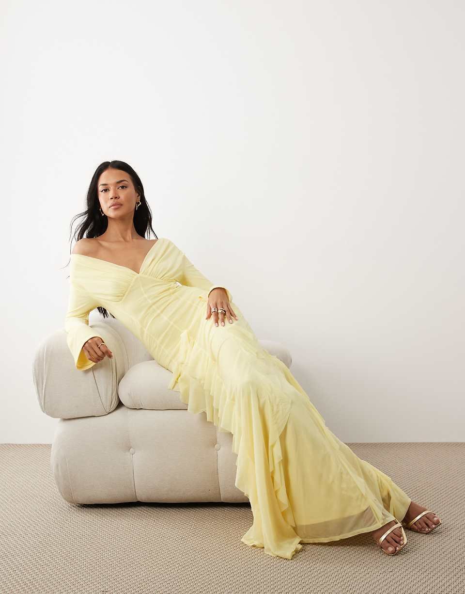Robe twila b ktaf 3aryanin w kmam twal mousseline stretch, jupe b godets - Sfer citron