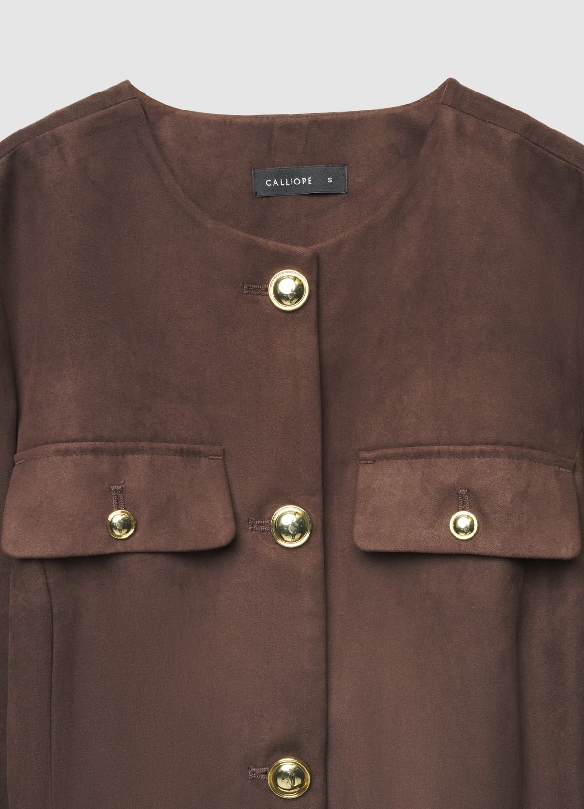 Belted collarless suede-effect jacket