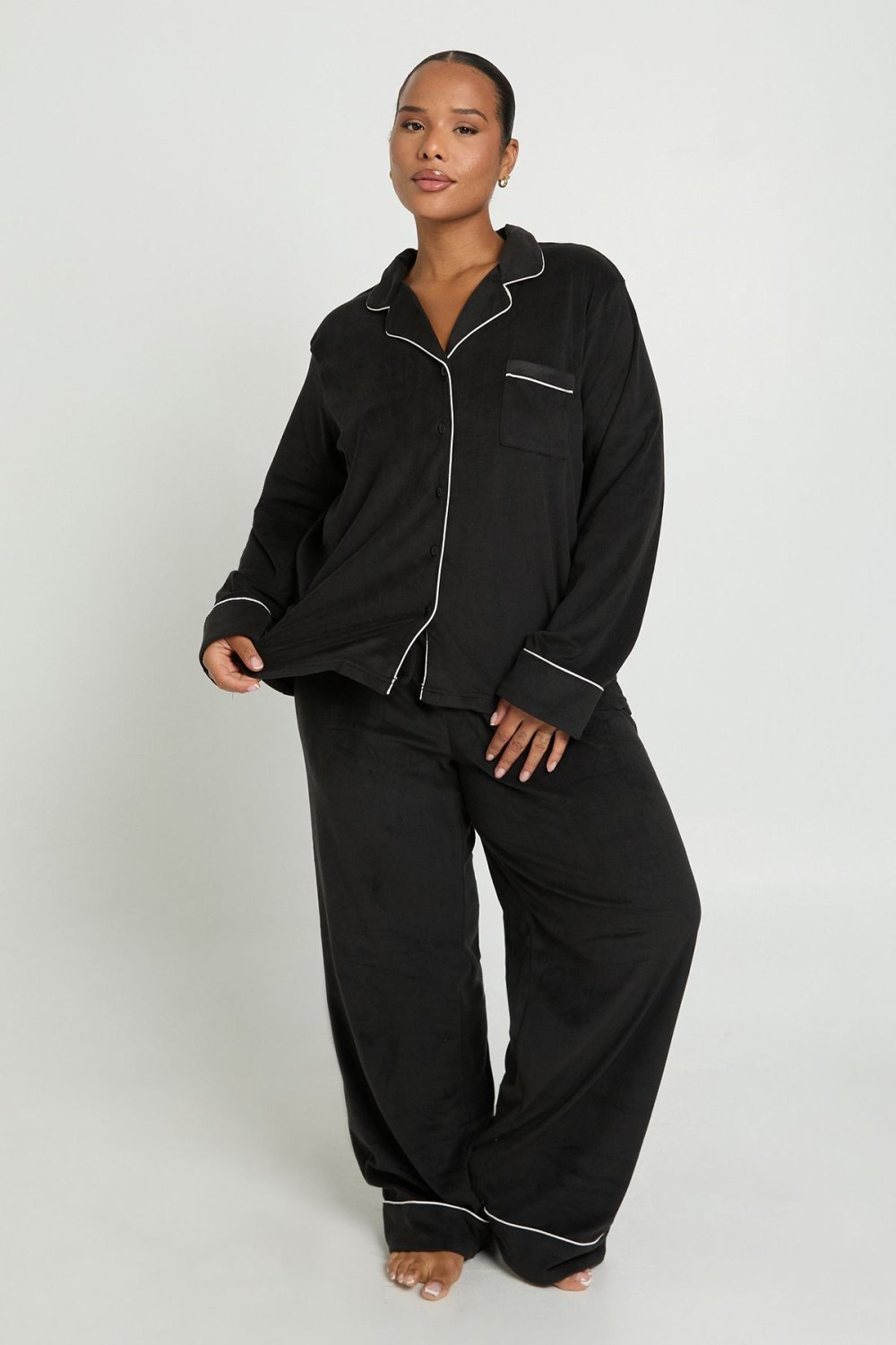 Fleece shirt pyjama set with piping - Plus size