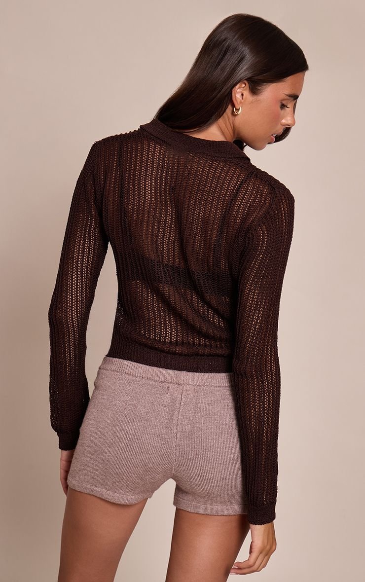 Chocolate openwork collared cardigan