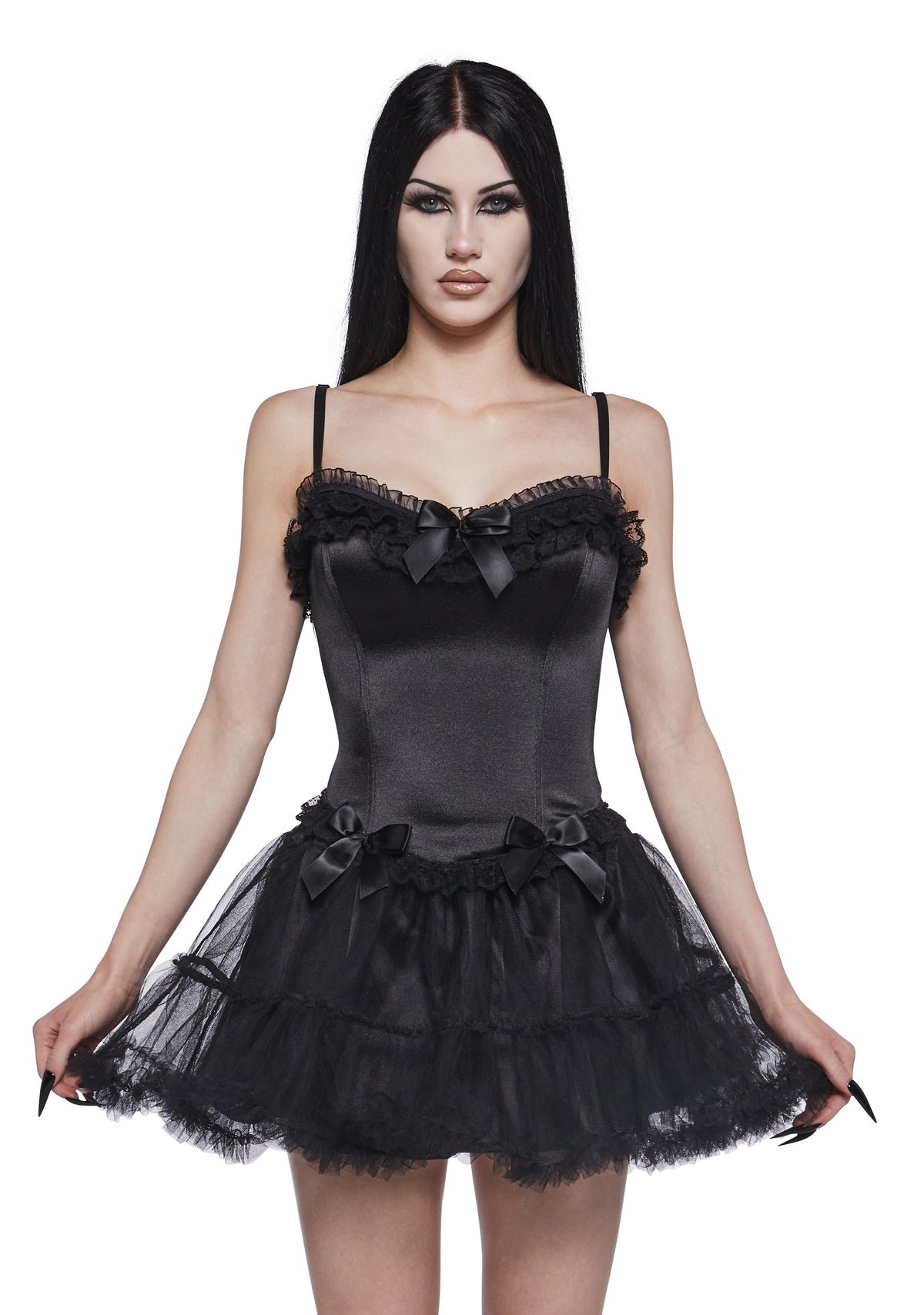 Haut corset en satin noir et dentelle à nœuds