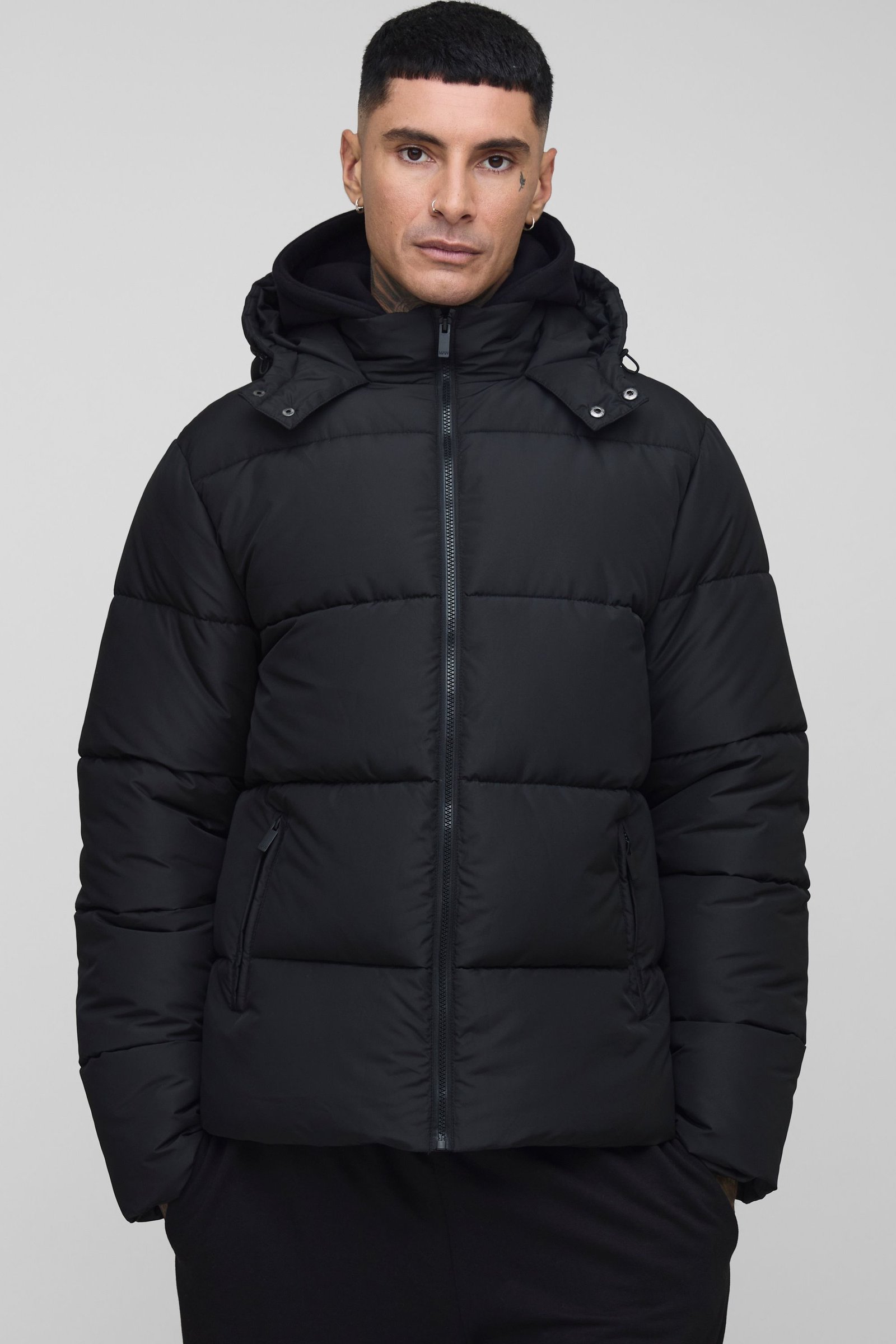 Tall Hooded Matte Puffer Jacket in Black