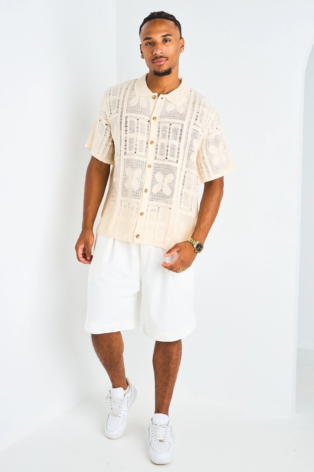 Chemise en maille ajourée beige