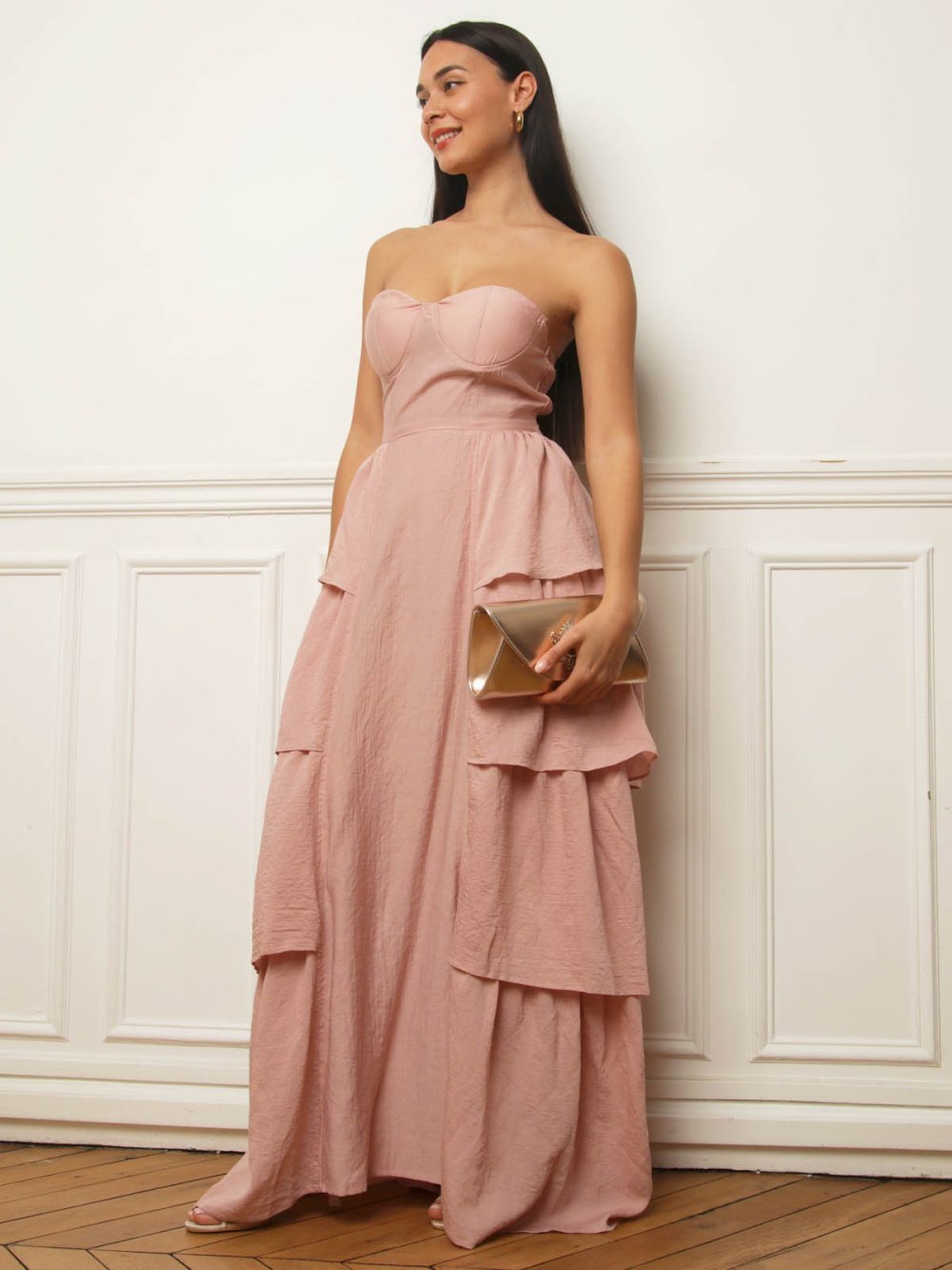 Robe bustier longue à volants rose