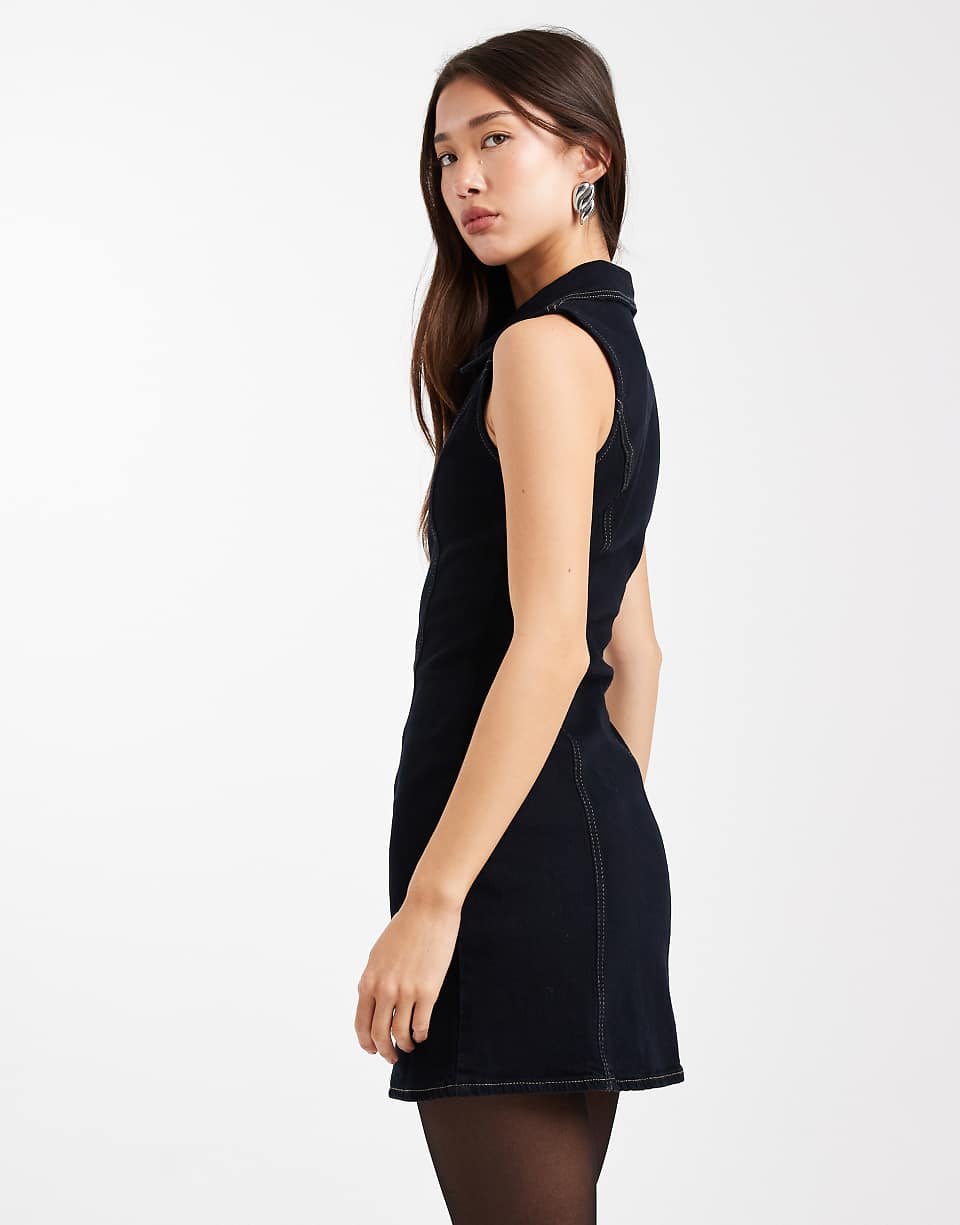 Robe courte en jean à zip avec col - Noir délavé