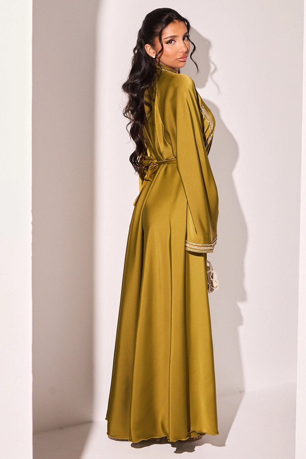 Olive green abaya with two-tone rhinestone stripes