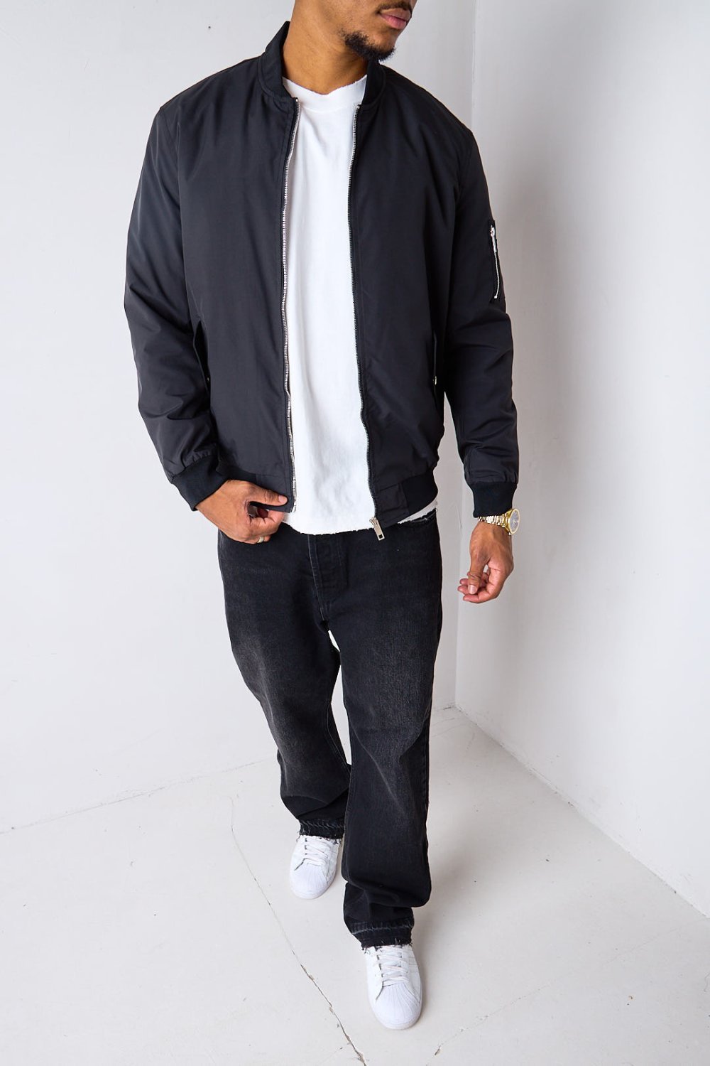 Black short transitional bomber jacket