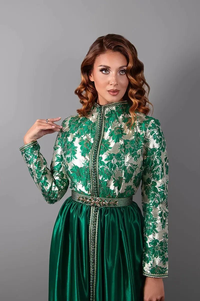 Gold brocade and pine green satin kaftan