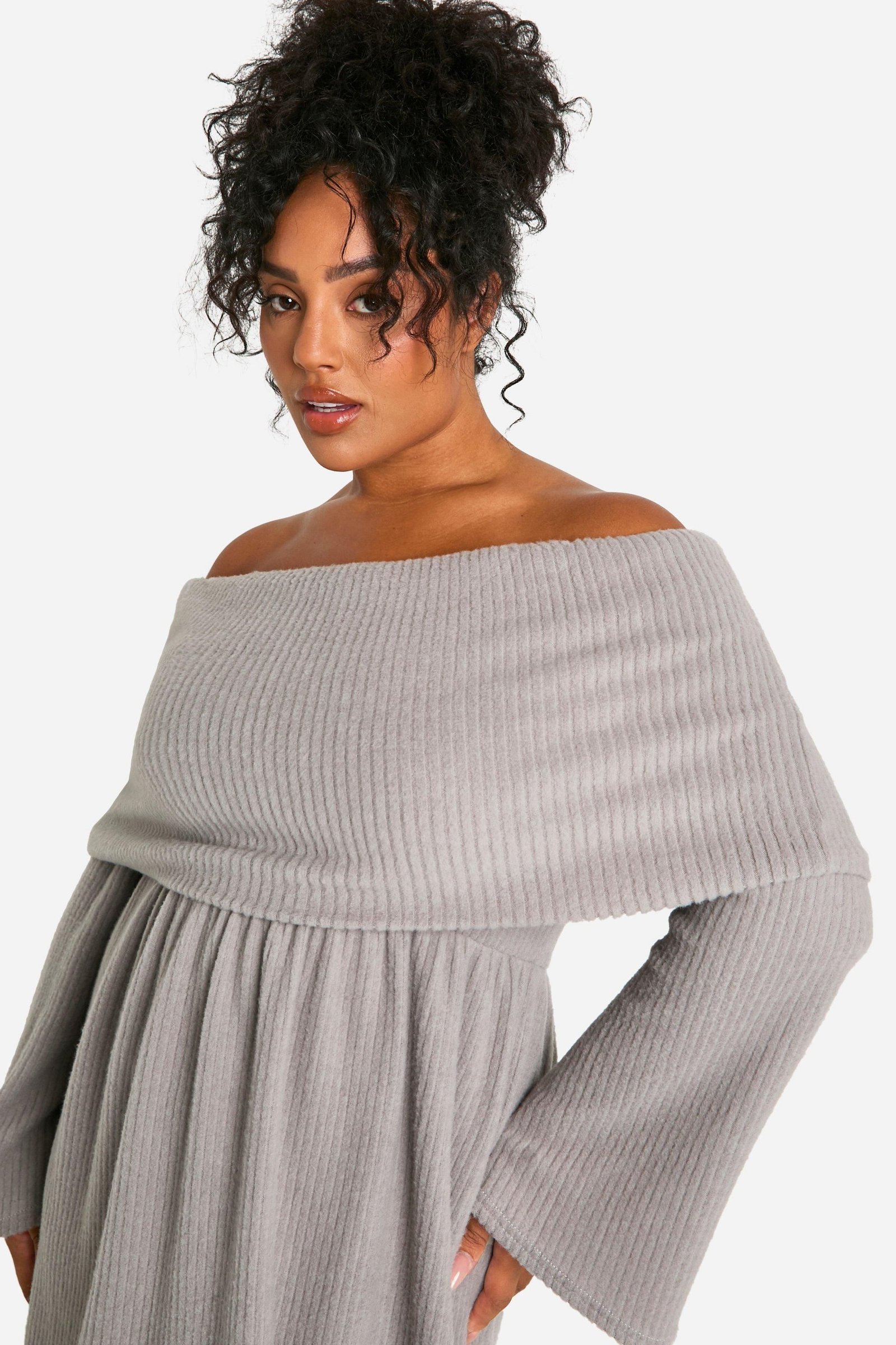 Plus Brushed Rib Off Shoulder Skater Dress