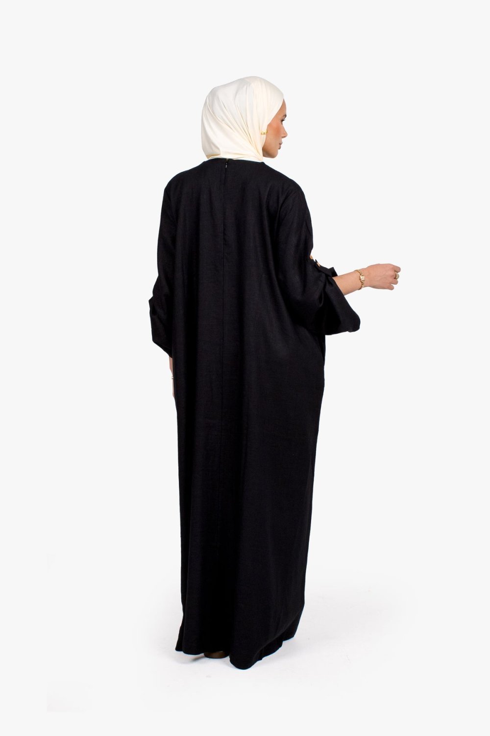 Abaya lin et coton à manches boutonnées - Noir