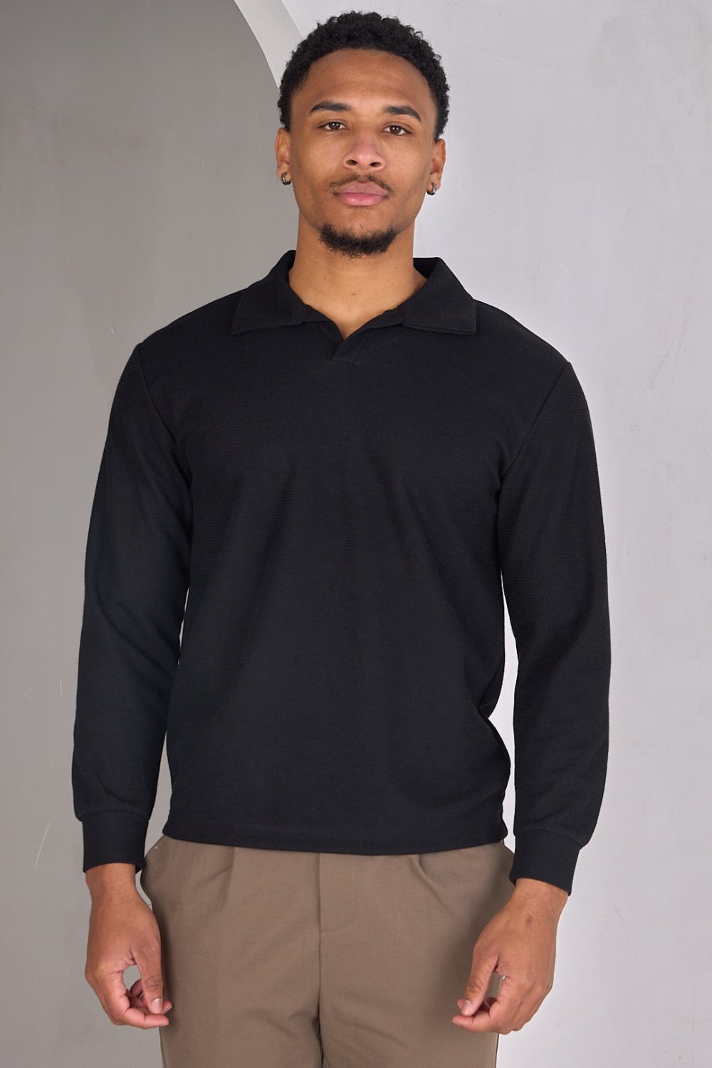 Black textured jumper with shirt collar