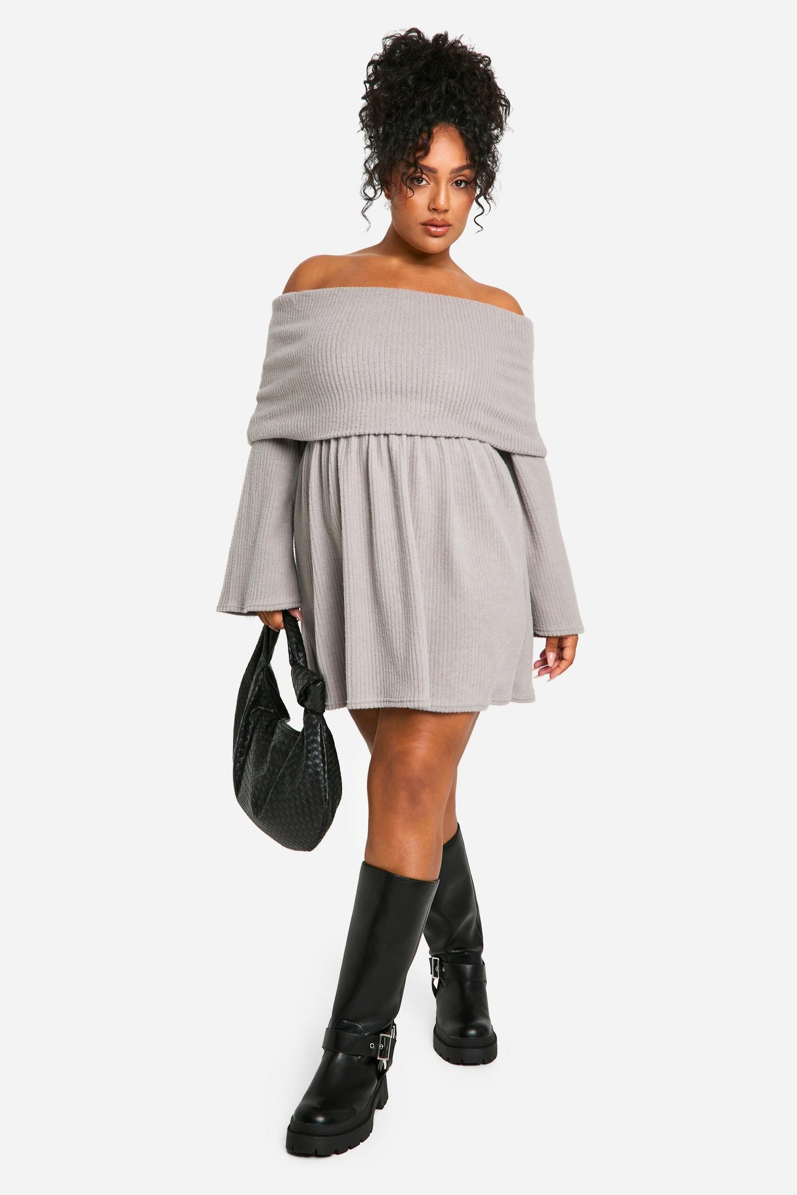 Plus Brushed Rib Off Shoulder Skater Dress