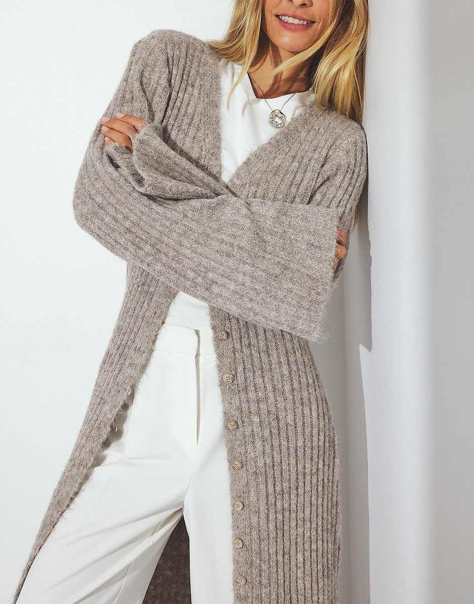 Robe longue cardigan en maille mélangée beige
