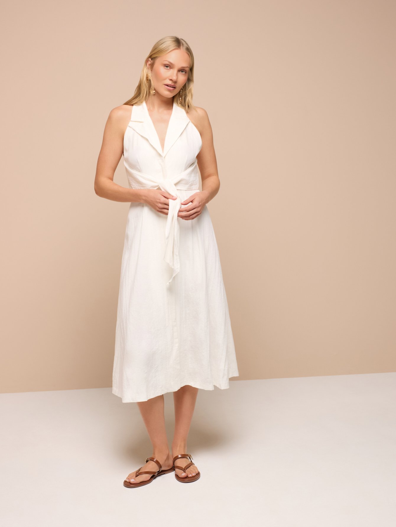 High neck flared midi dress with front bow