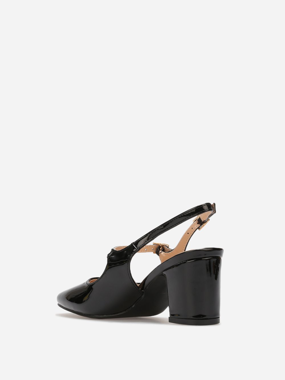 Black patent double-strap slingback heels