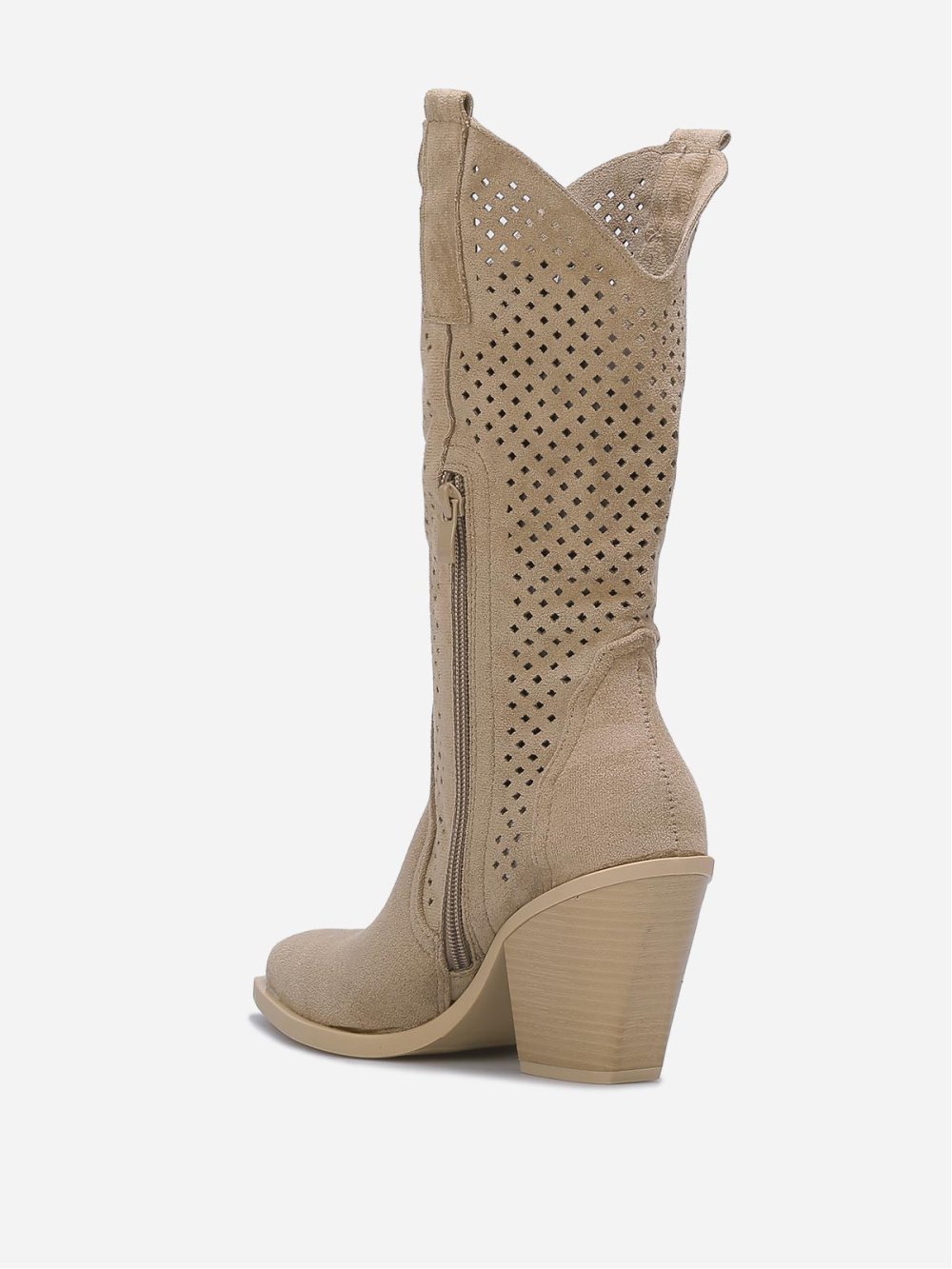 Taupe high-heel cut-out cowboy boots