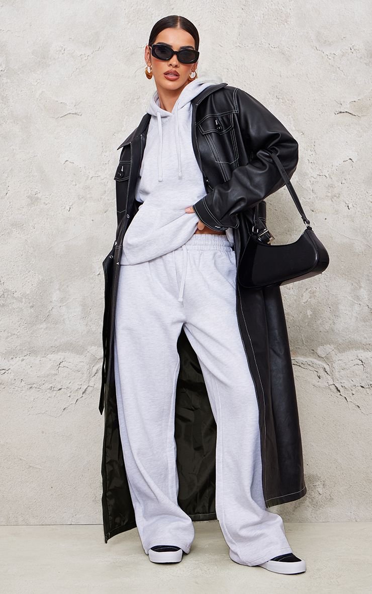 Olive PU Trench Coat With Contrast Stitching And Split Hem