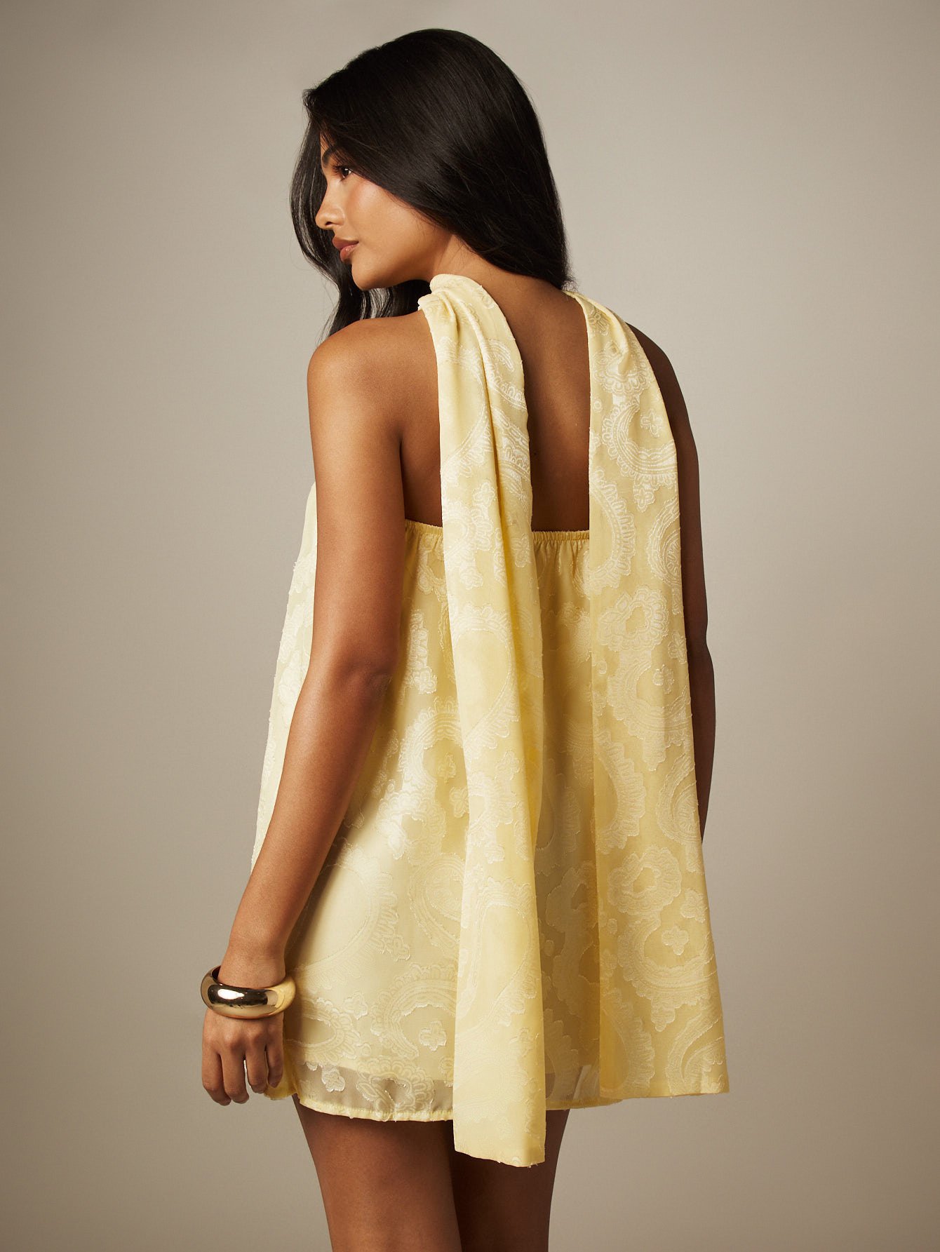 Textured paisley mini dress with scarf detail