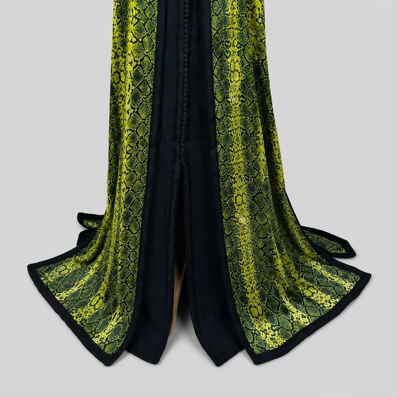 Takchita en crêpe noir à motifs olive et jaune
