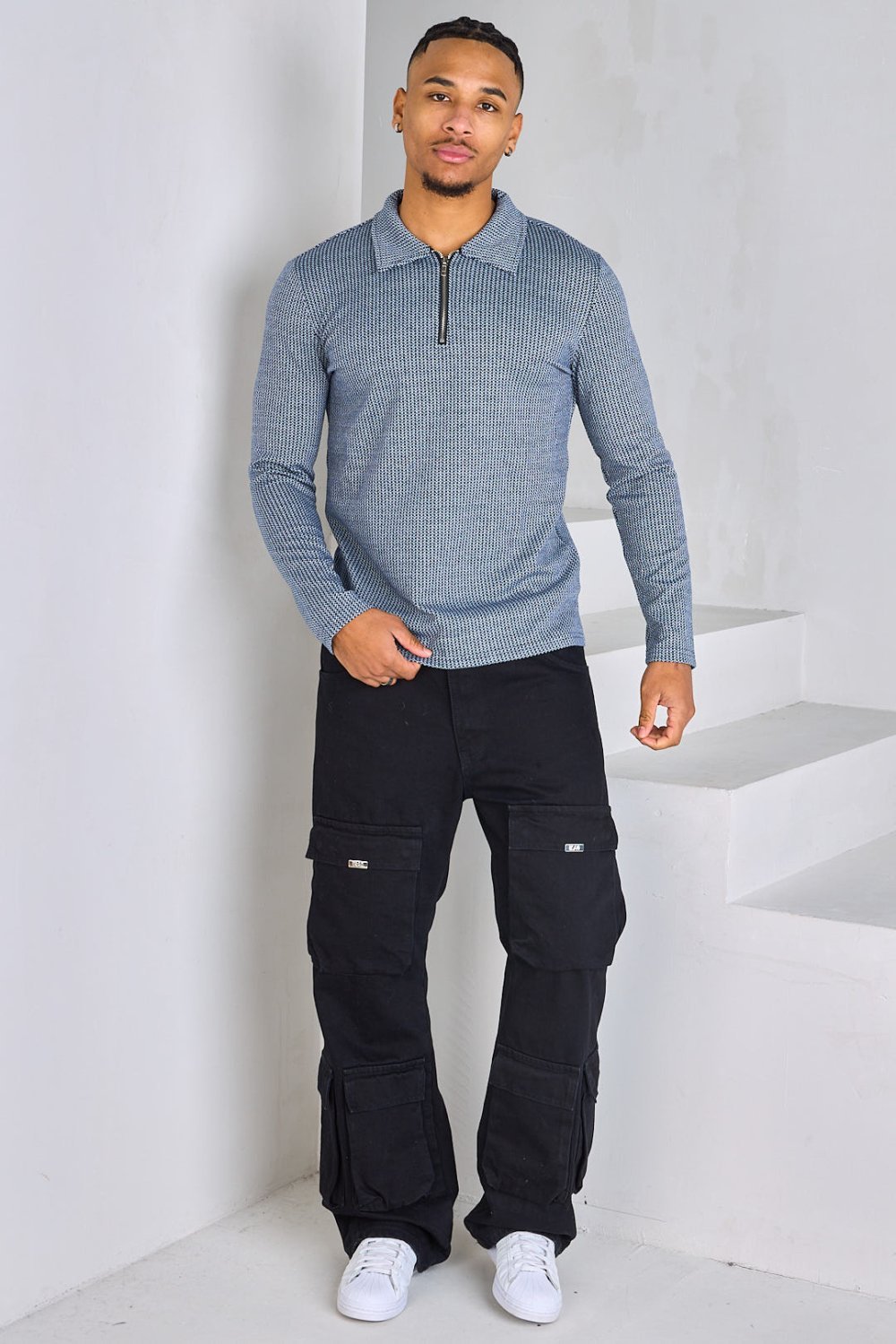 Navy and white chevron zip-neck jumper