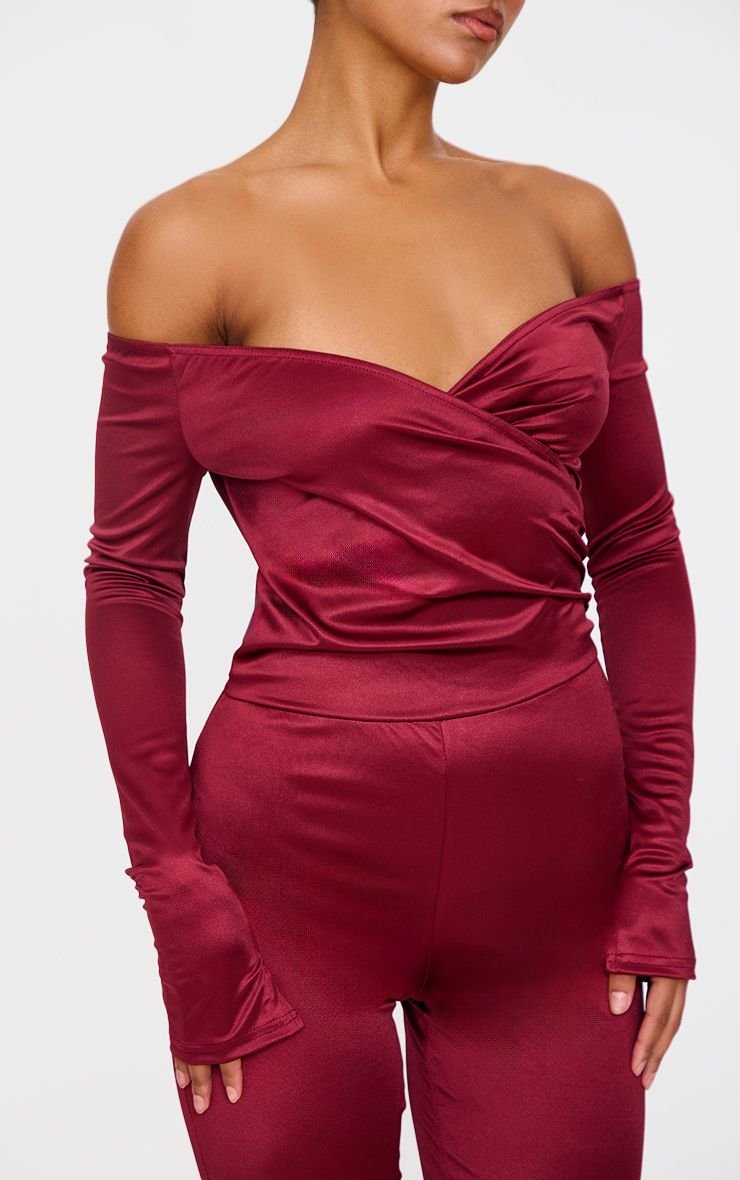 Satin Bardot split hem jumpsuit
